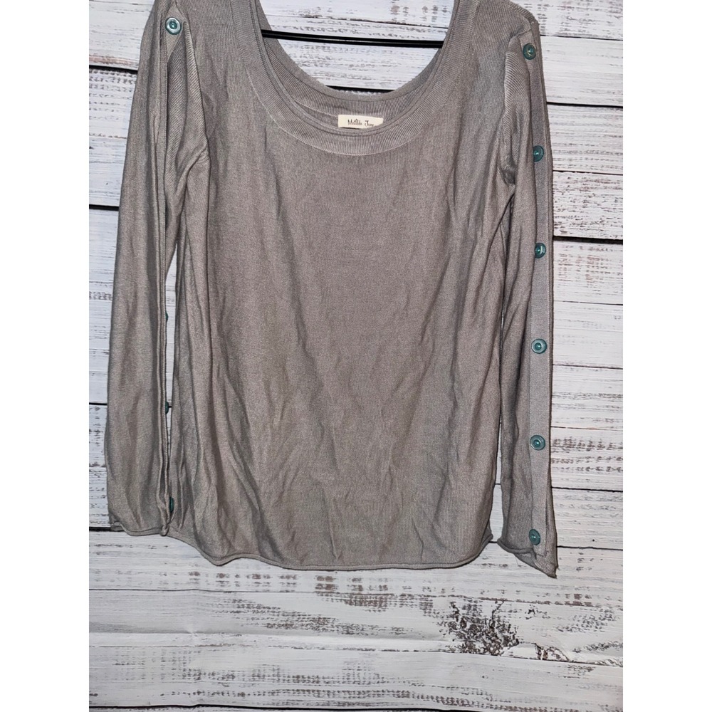 Matilda Jane Women Taupe Grey Viscose Knit Sweater Teal Button Sleeve Small NEW